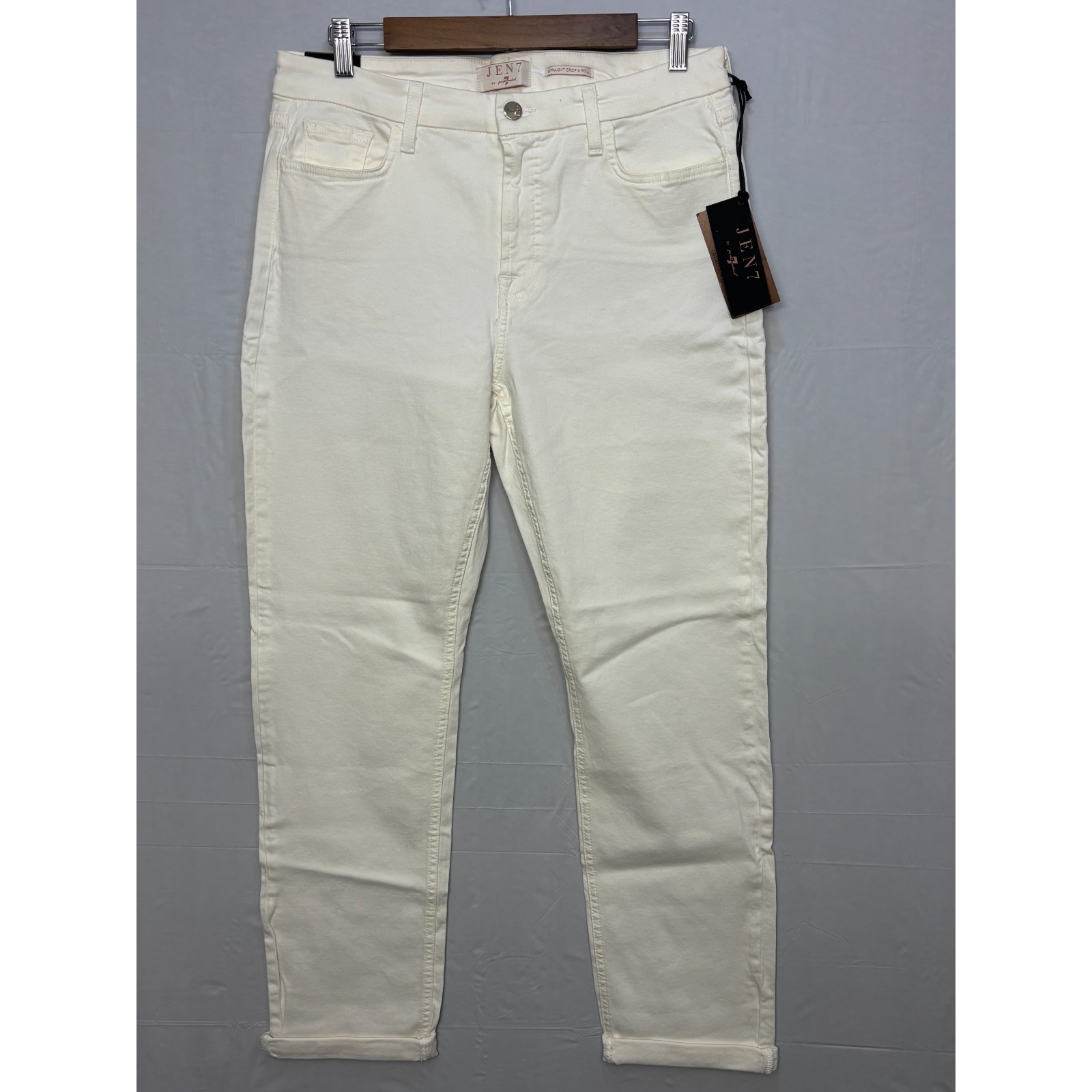 Jen7 By 7 For All Mankind Straight Crop & Roll Jeans Womens Ivory Stretch 10 Nwt